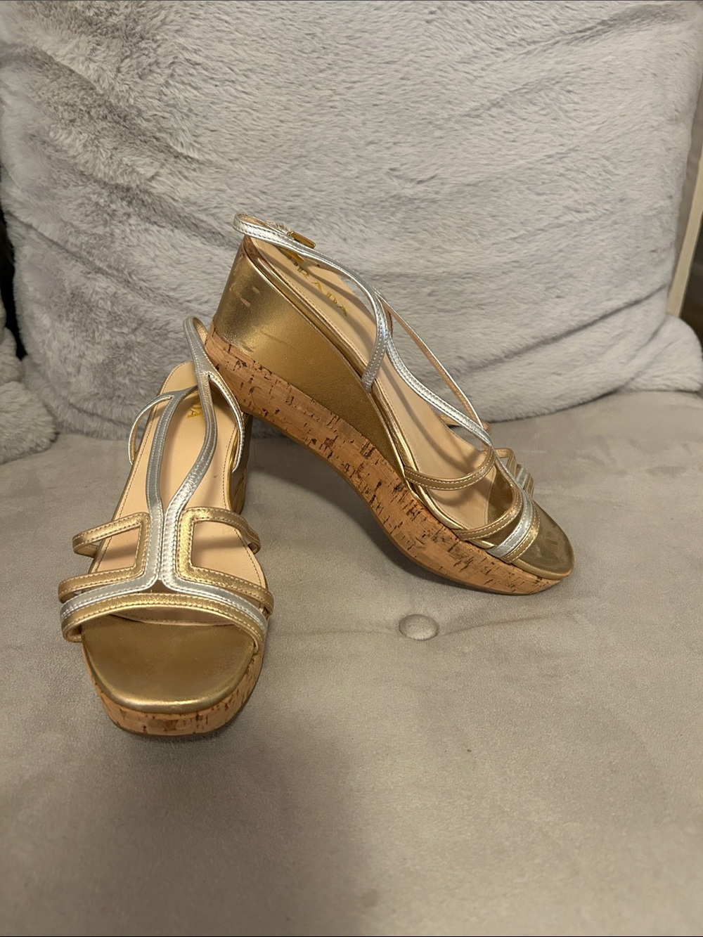 Prada Gold and Silver Cork Wedge Sandals - Women